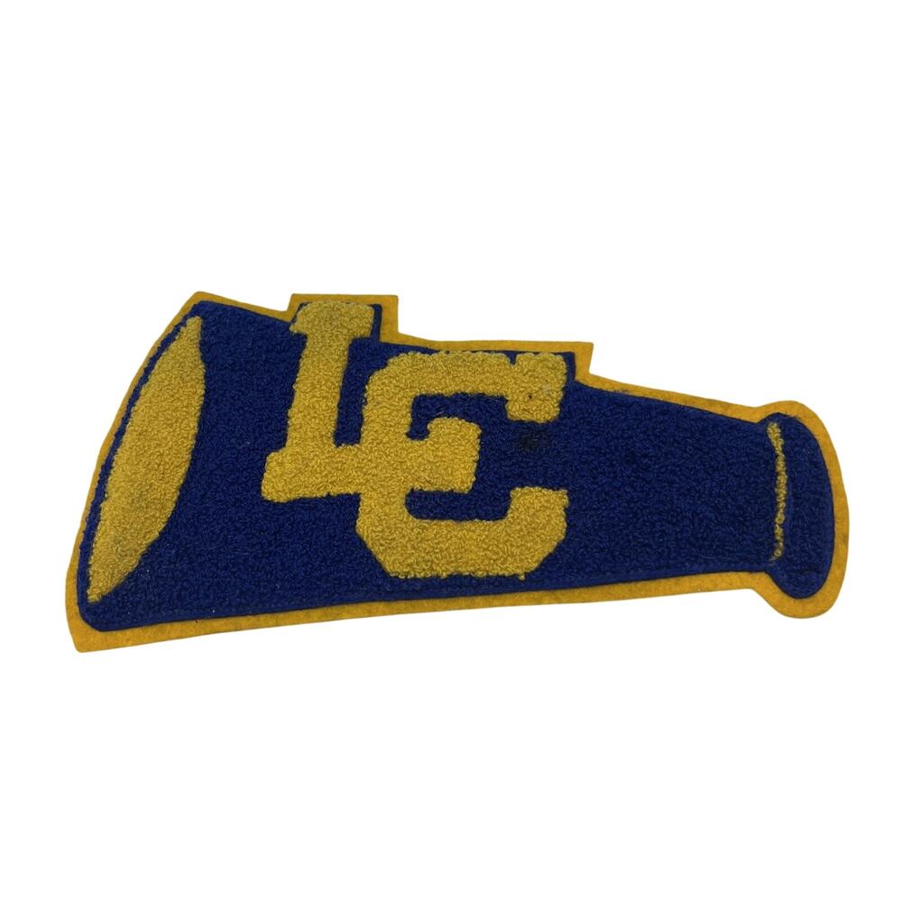 C1960 Wool Chenille Letterman Cheer Megaphone Blue Yellow Sew On